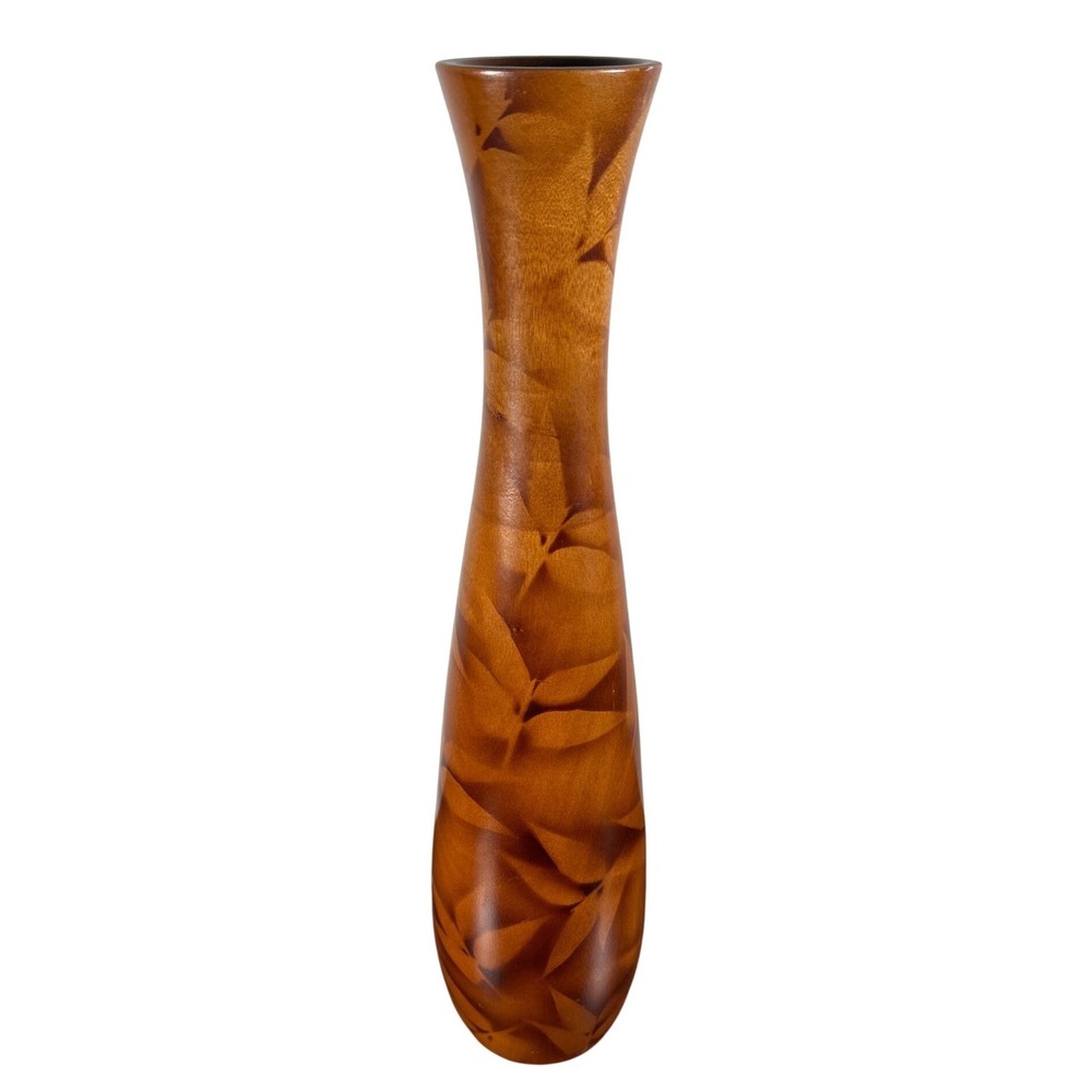 Vase Handcrafted Thai Wood Leaf Pattern Tapered Decorative Tabletop Floor Brown